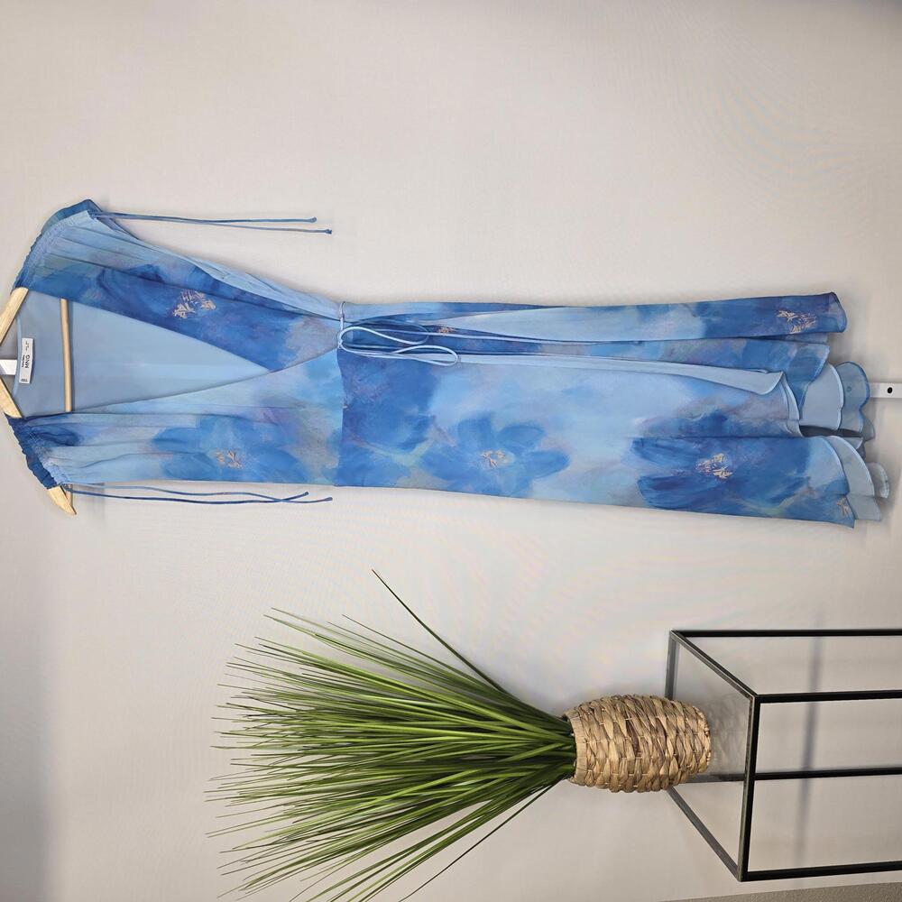 Blue Floral Wrap Midi Dress - Unbranded